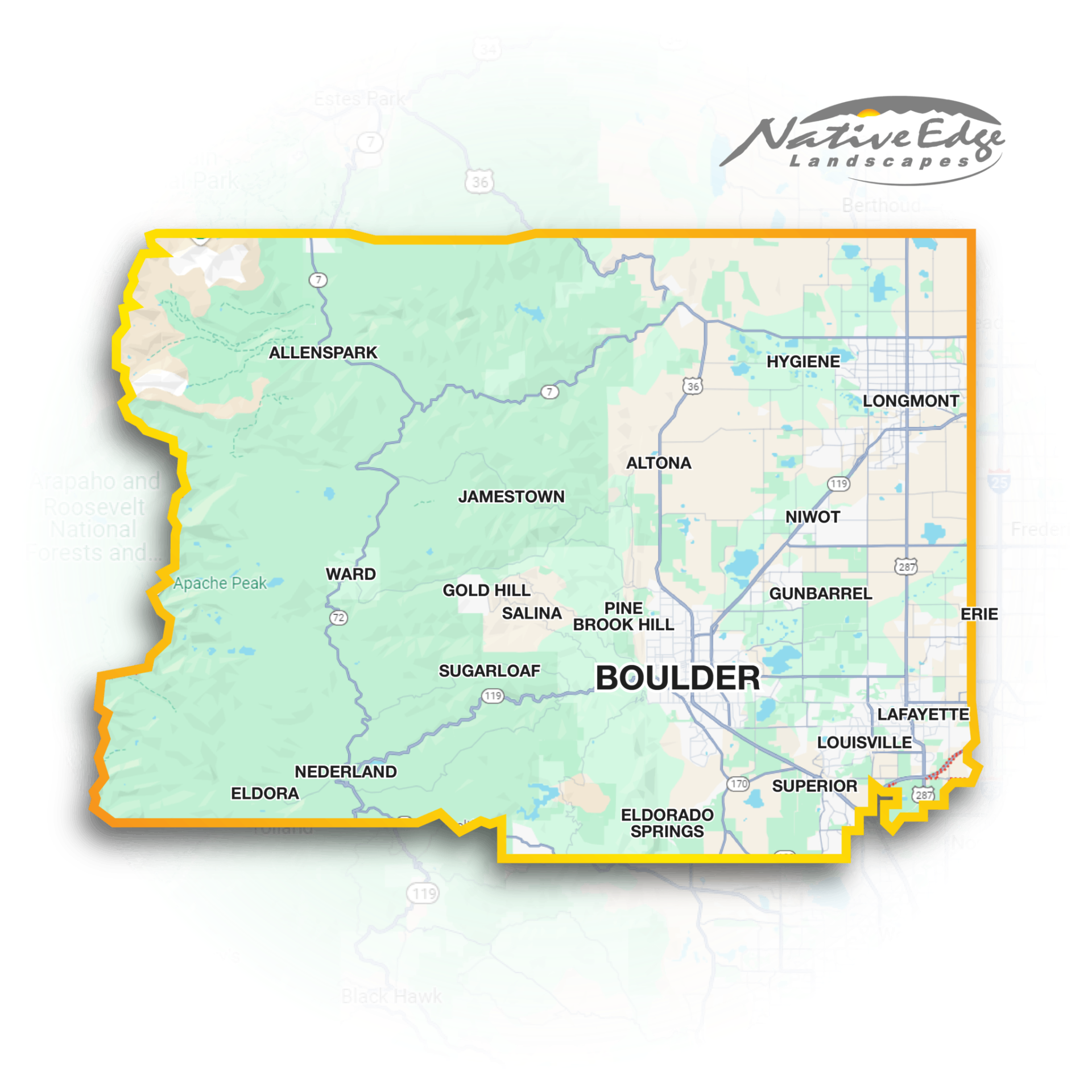 Native Edge Landscapes Service Area Map — Boulder County